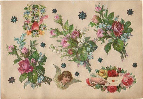 6 CROMOS TROQUELADOS DE ÉPOCA. FLORES Y ANGEL. MONTADOS SOBRE CARTULINA DE 23X16 CM.