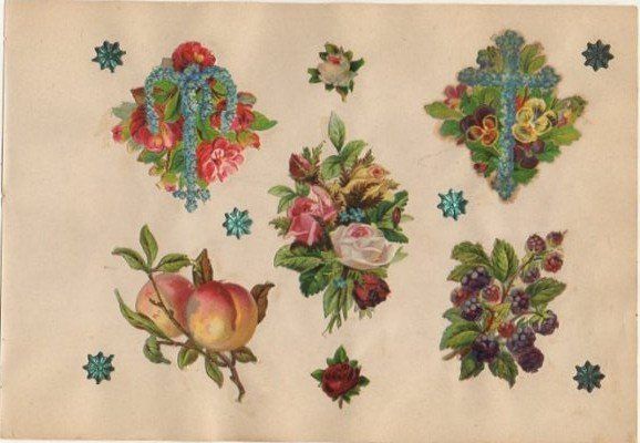 5 CROMOS TROQUELADOS DE ÉPOCA. FLORES Y MINIATURAS. MONTADOS SOBRE CARTULINA DE 23X16 CM.