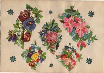 5 CROMOS TROQUELADOS DE ÉPOCA. FLORES Y MINIATURAS. MONTADOS SOBRE CARTULINA DE 23X16 CM.