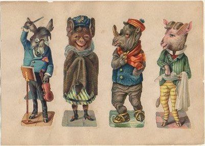 4 CROMOS TROQUELADOS DE ÉPOCA. ANIMALES HUMORISTICOS. MONTADOS SOBRE CARTULINA DE 23X16 CM.
