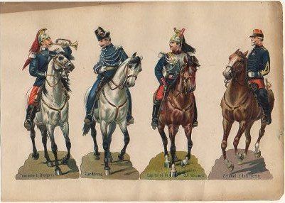4 CROMOS TROQUELADOS DE ÉPOCA. CABALLERIA MILITAR. MONTADOS SOBRE CARTULINA DE 23X16 CM.