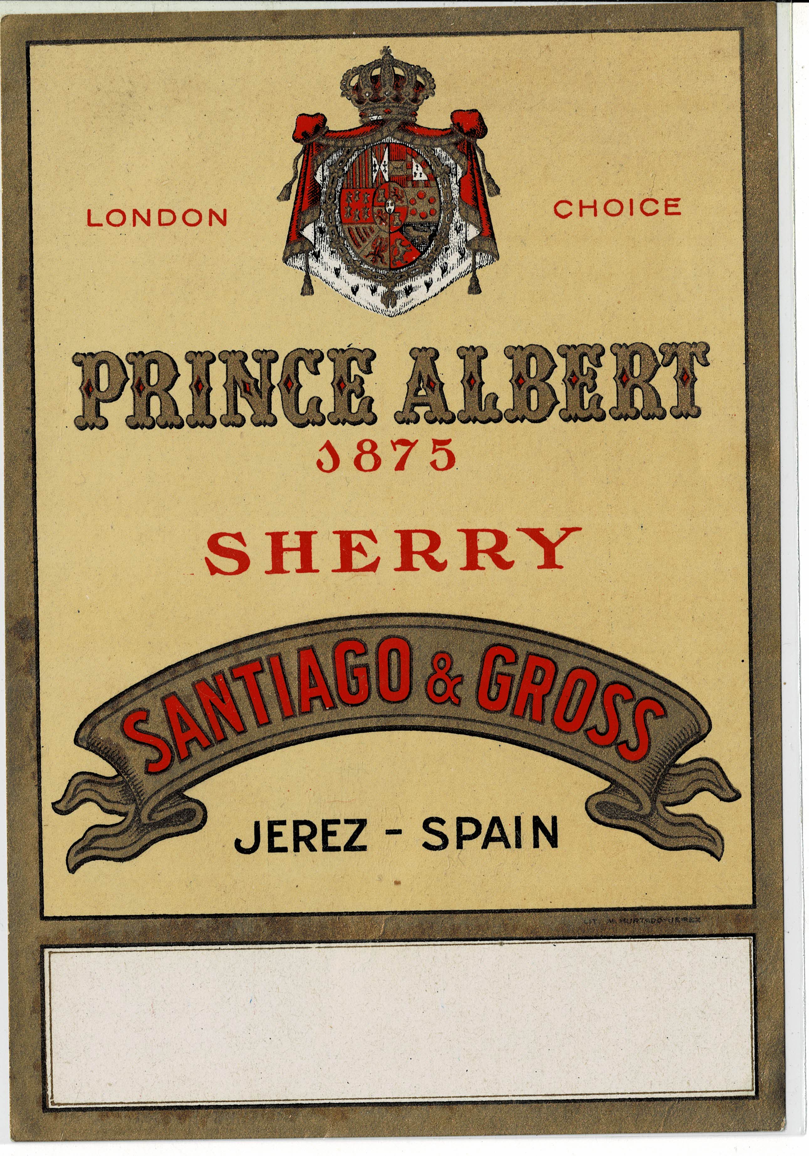 ETIQUETA VINO PRINCE ALBERT 1875 SHERRY SANTIAGO & GROSS