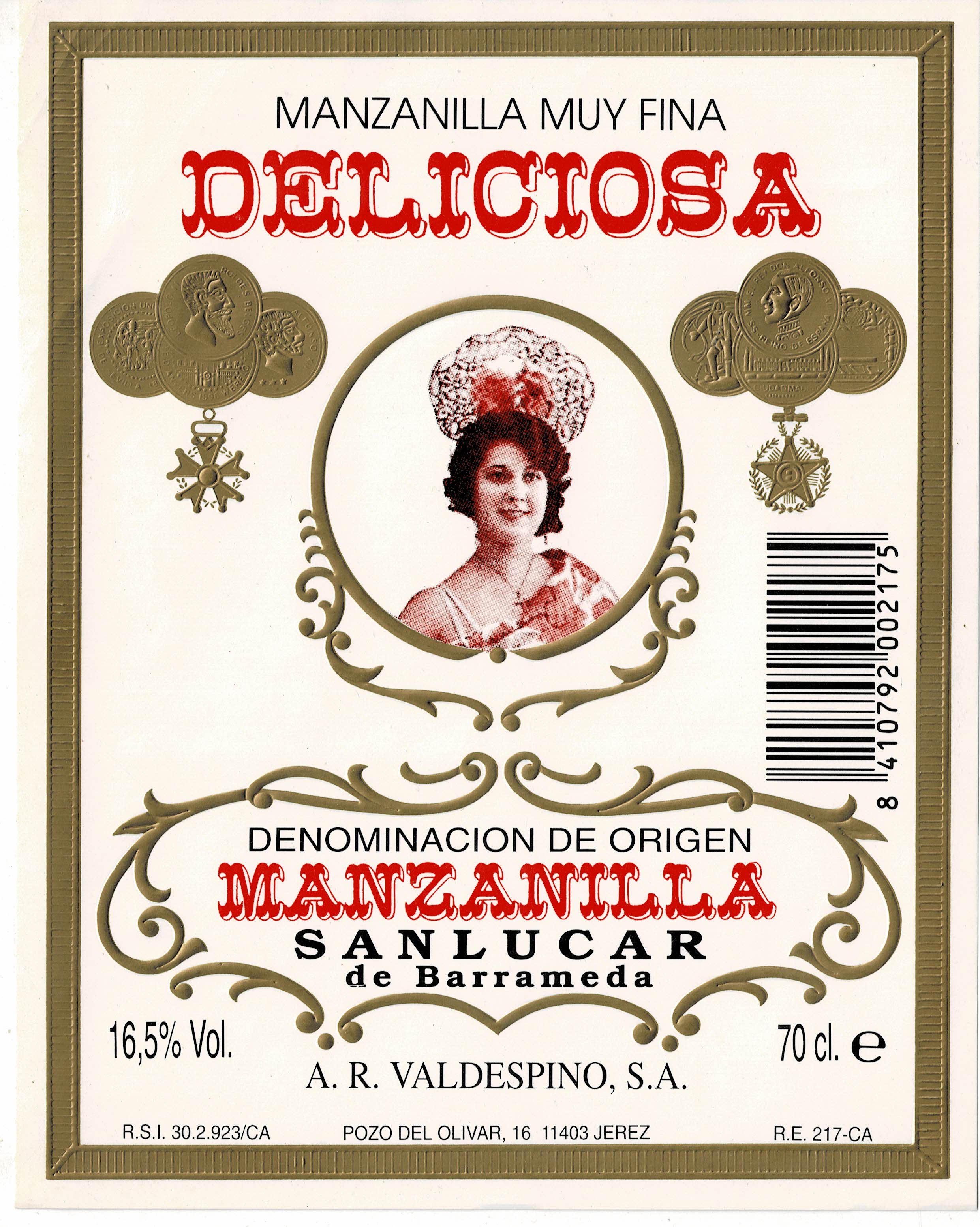 ETIQUETA VINO MANZANILLA MUY FINA DELICIOSA. DENOMINACION ORIGEN SANLUCAR BDA.