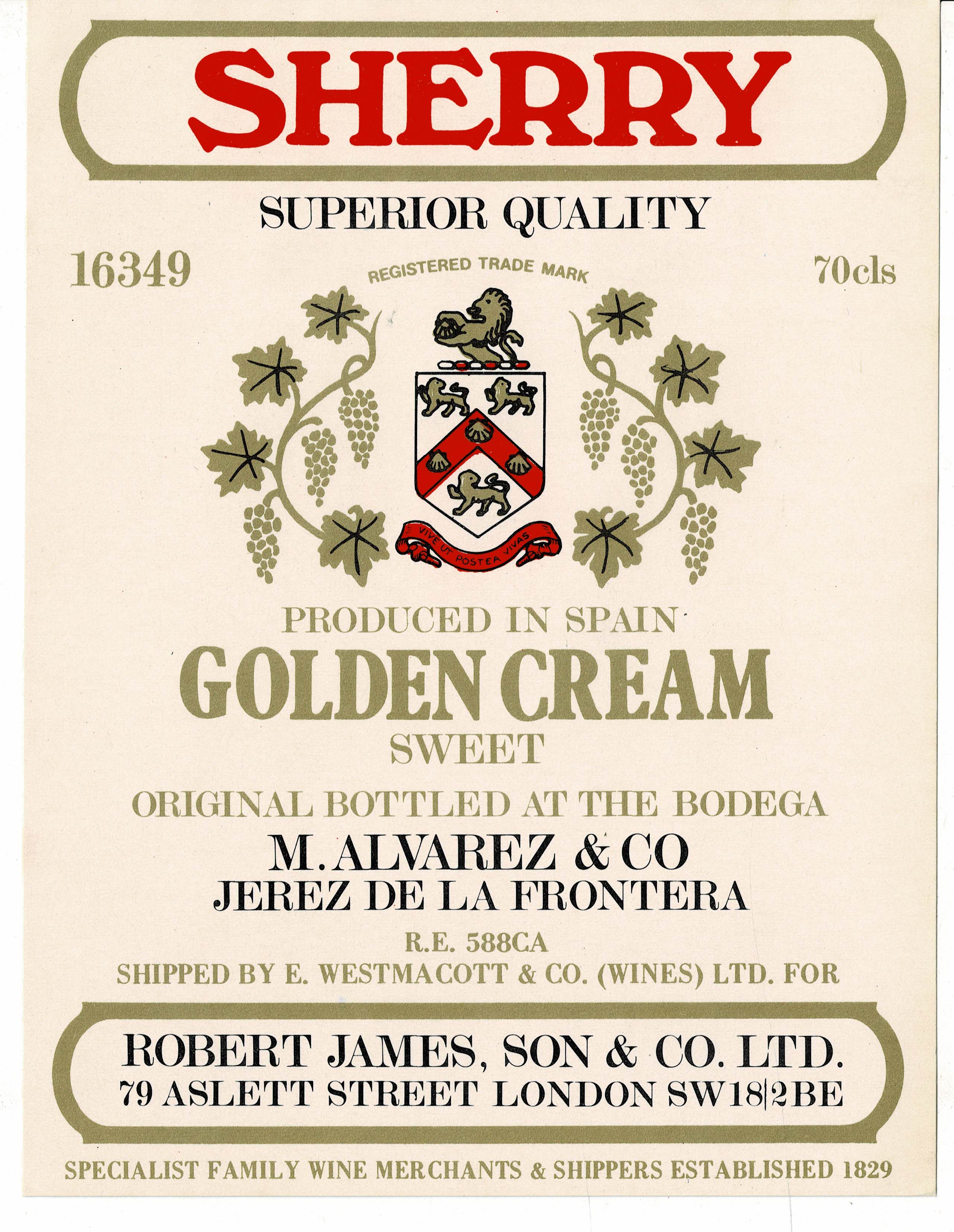 ETIQUETA VINO HERRY SUPERIOR QUALITY GOLDEN CREAM SWEET. M. ALVAREZ & CO