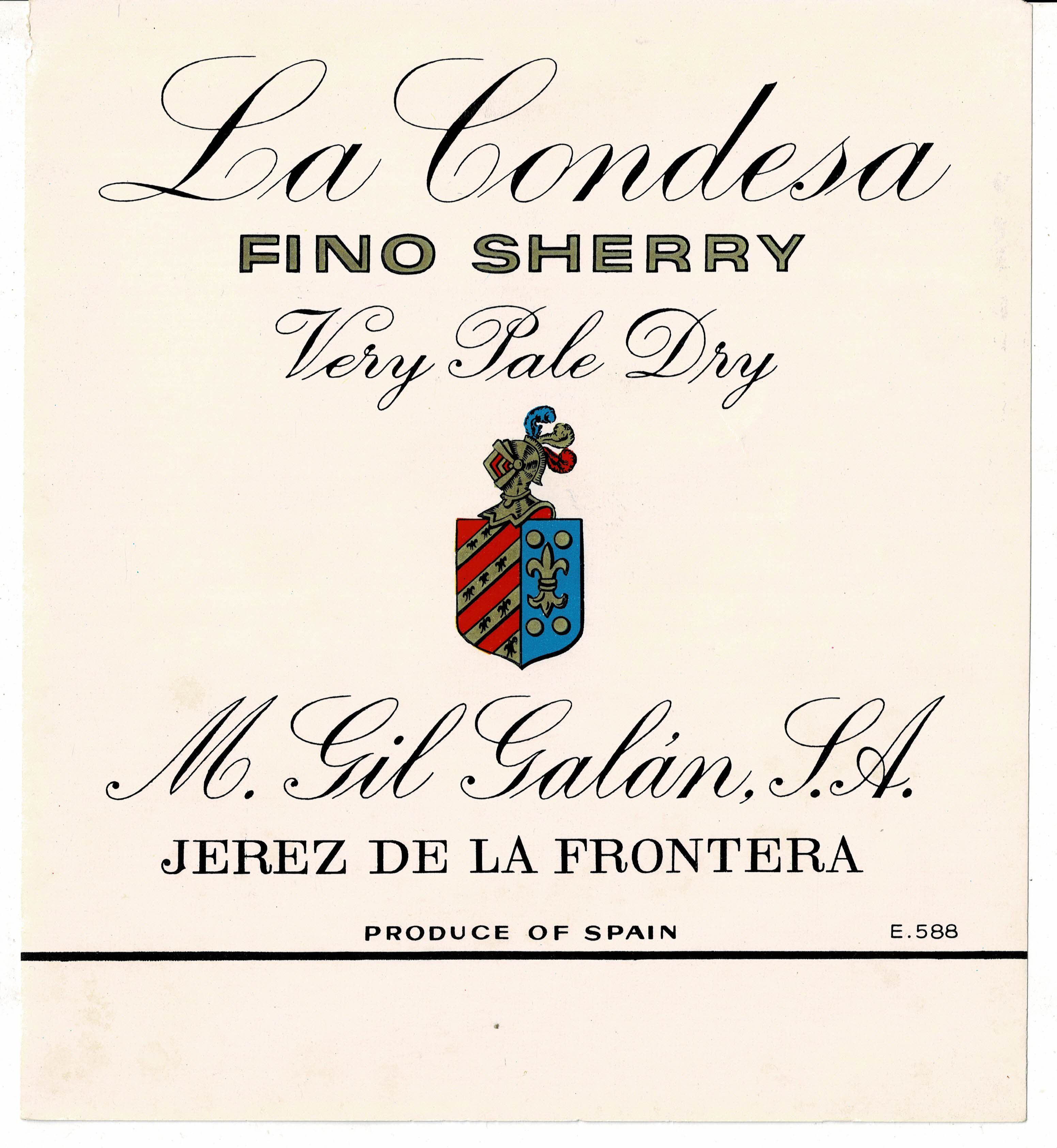 ETIQUETA VINO  LA CONDESA FINO SHERRY VERY PALE DRY. M. GIL GALAN S.A.