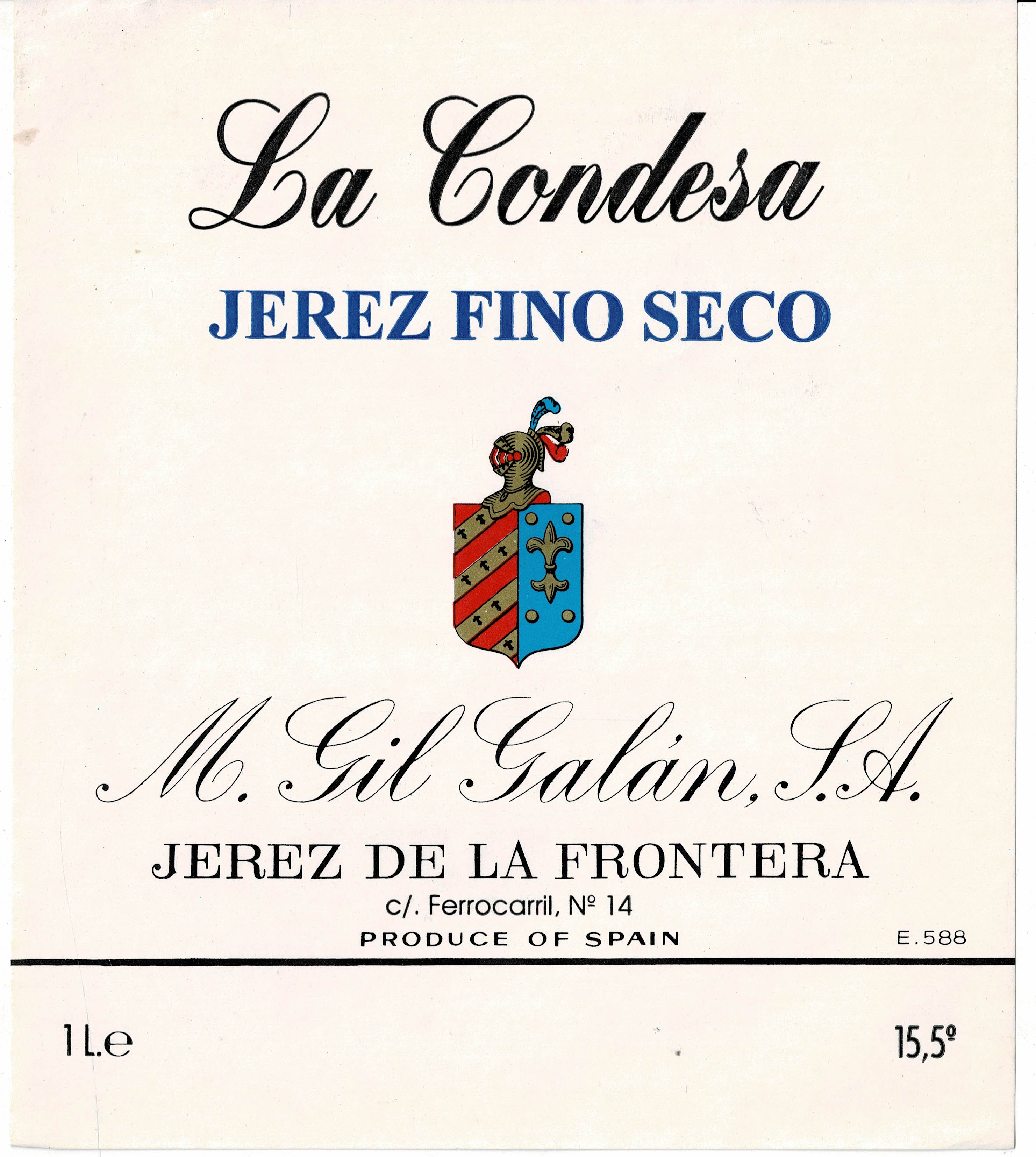 ETIQUETA VINO LA CONDESA JEREZ FINO SECO. M. GIL GALAN S.A.