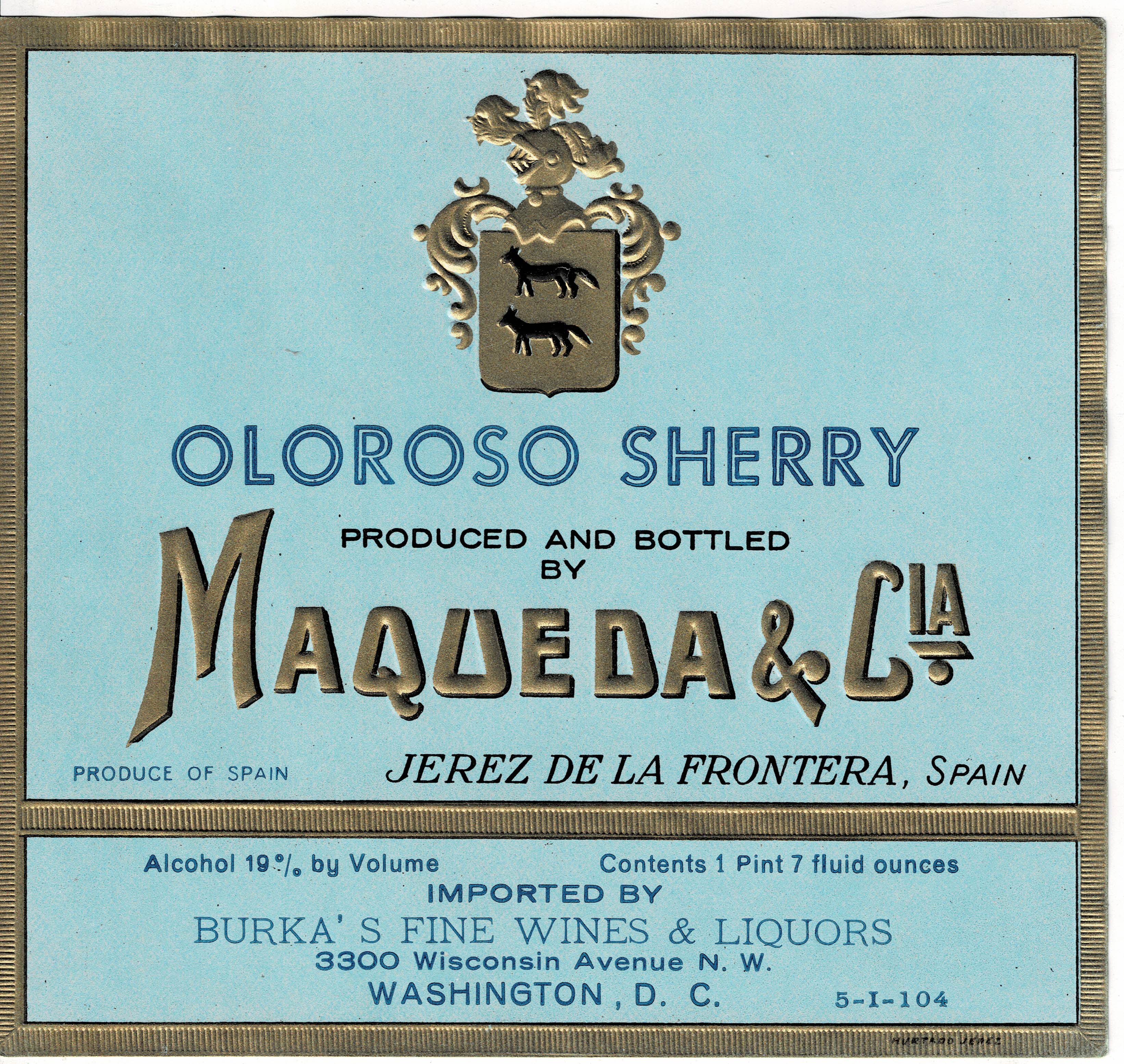 ETIQUETA VINO OLOROSO SHERRY. MAQUEDA & CIA.