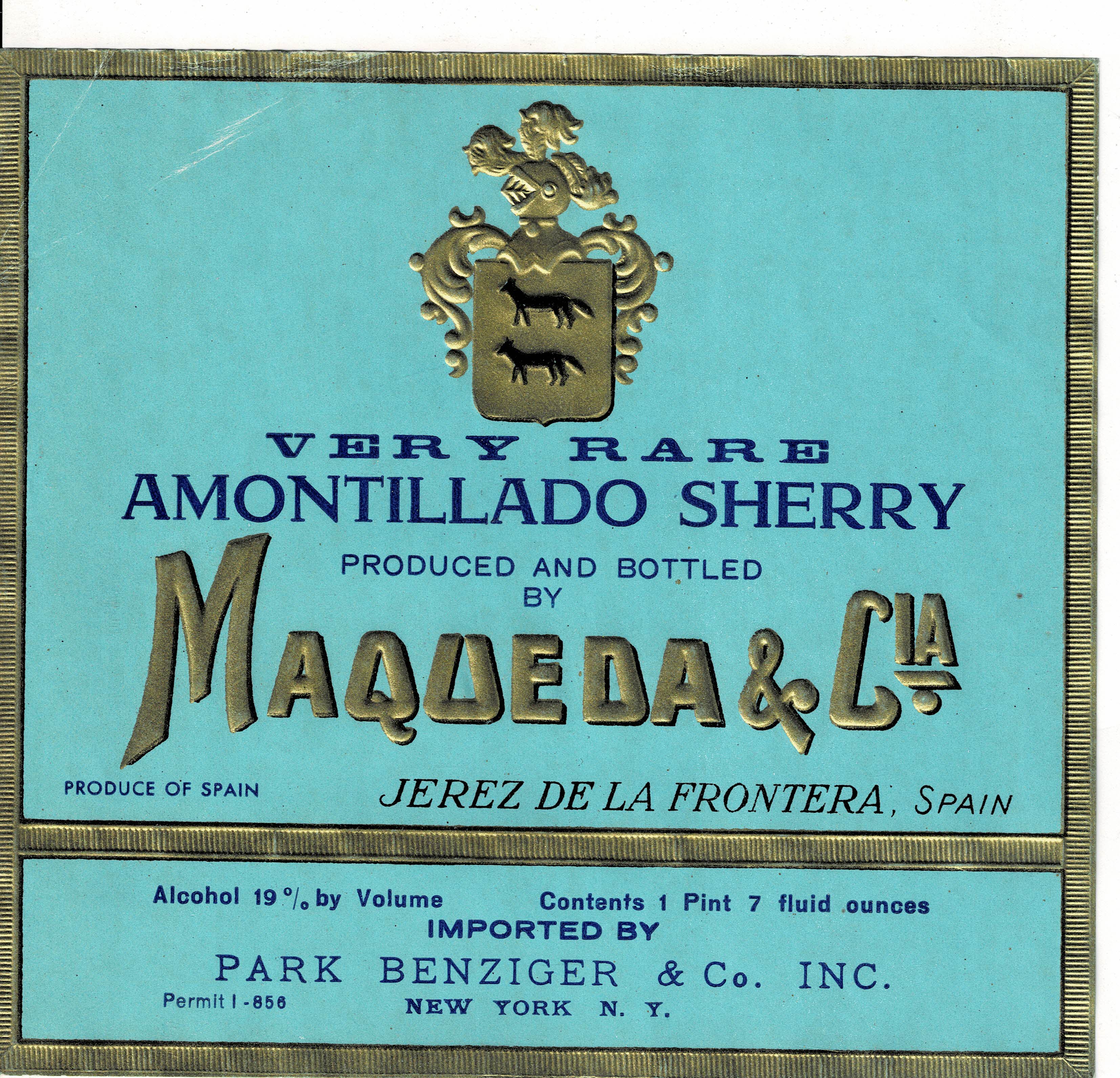 ETIQUETA VINO VERY RARE AMONTILLADO SHERRY. MAQUEDA & CIA.