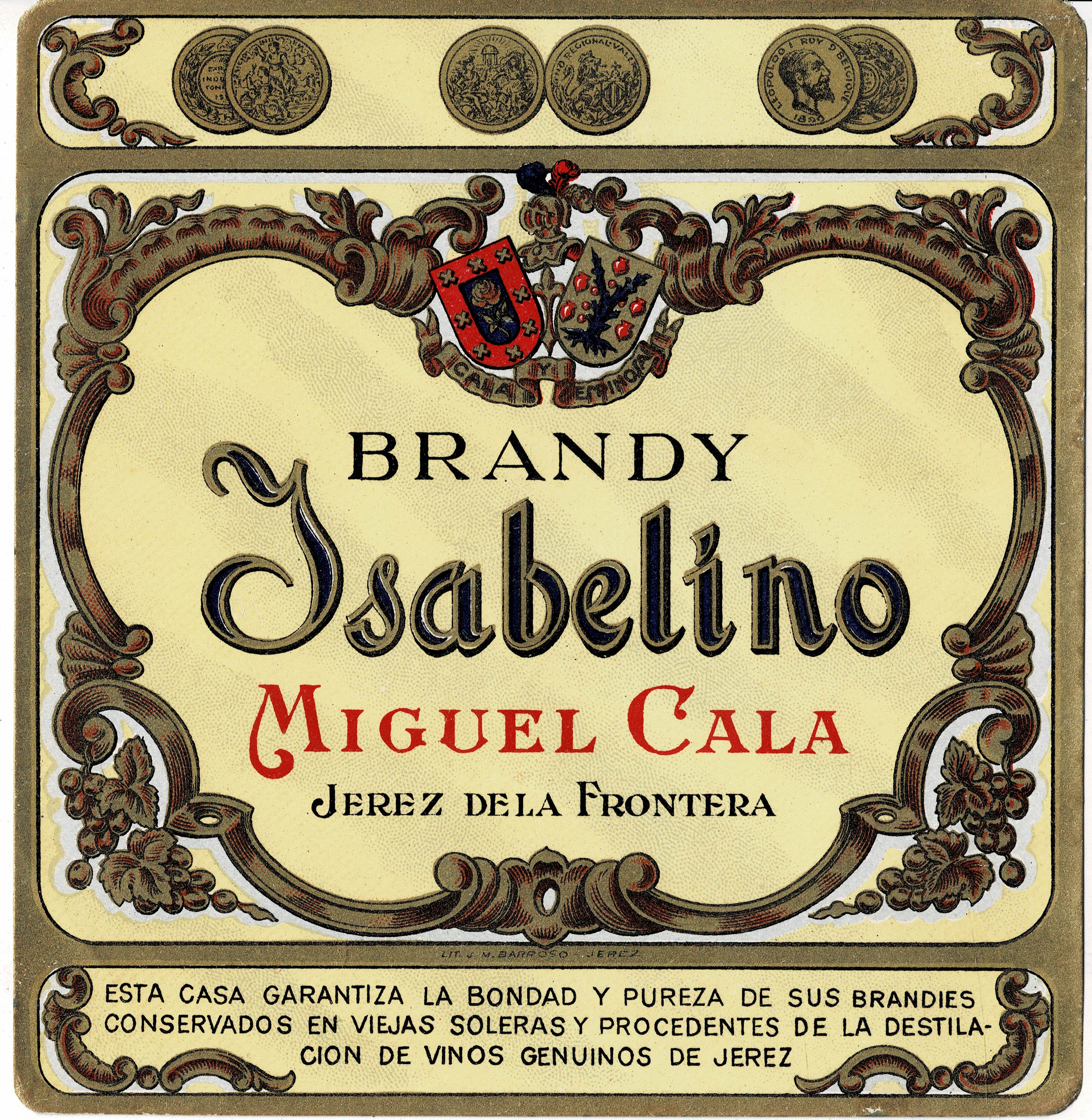 ETIQUETA BRANDY ISABELINO. MIGUEL CALA.JEREZ