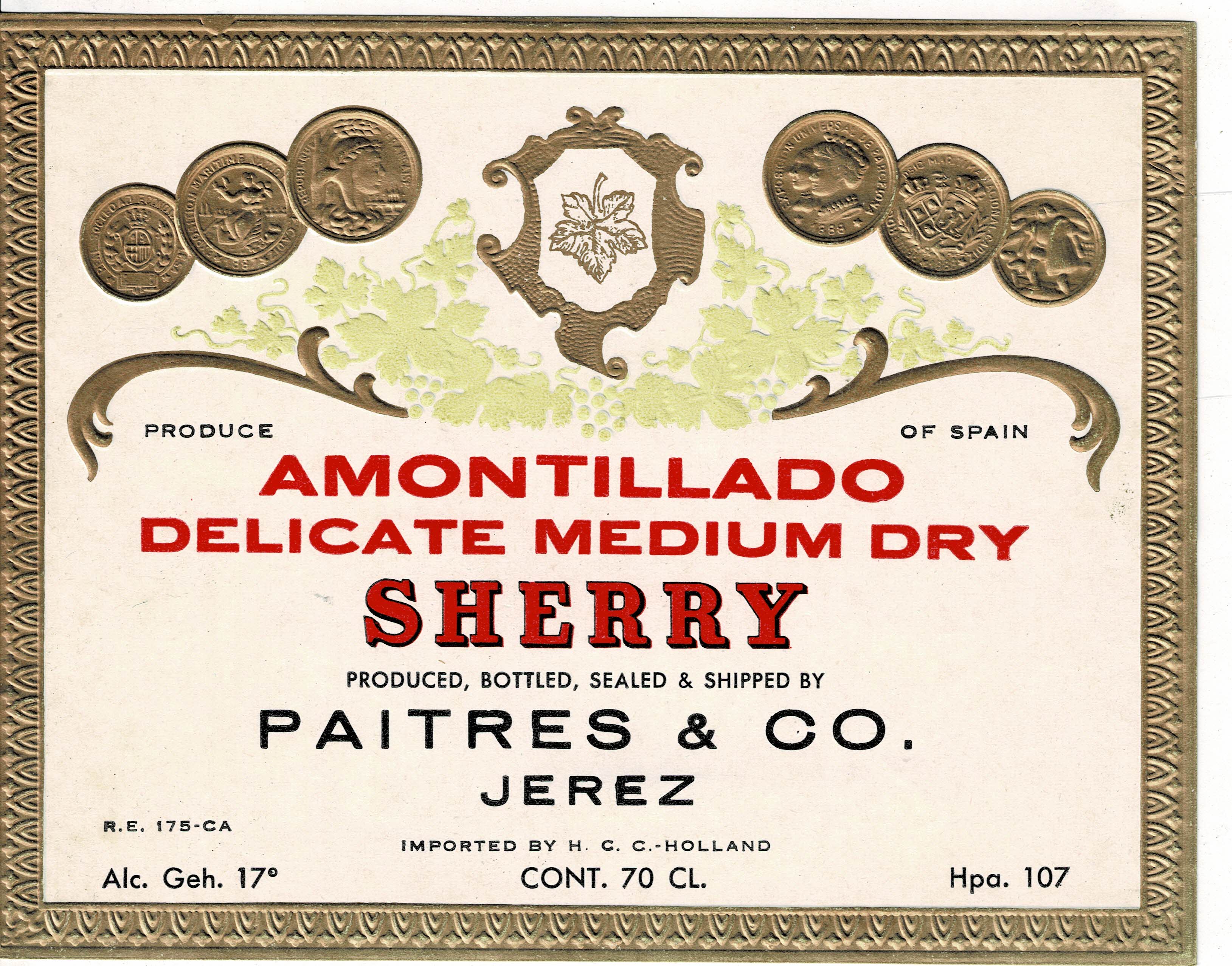 ETIQUETA VINO AMONTILLADO DELICATE MEDIUM DRY SHERRY. PAITRES & CO. JEREZ
