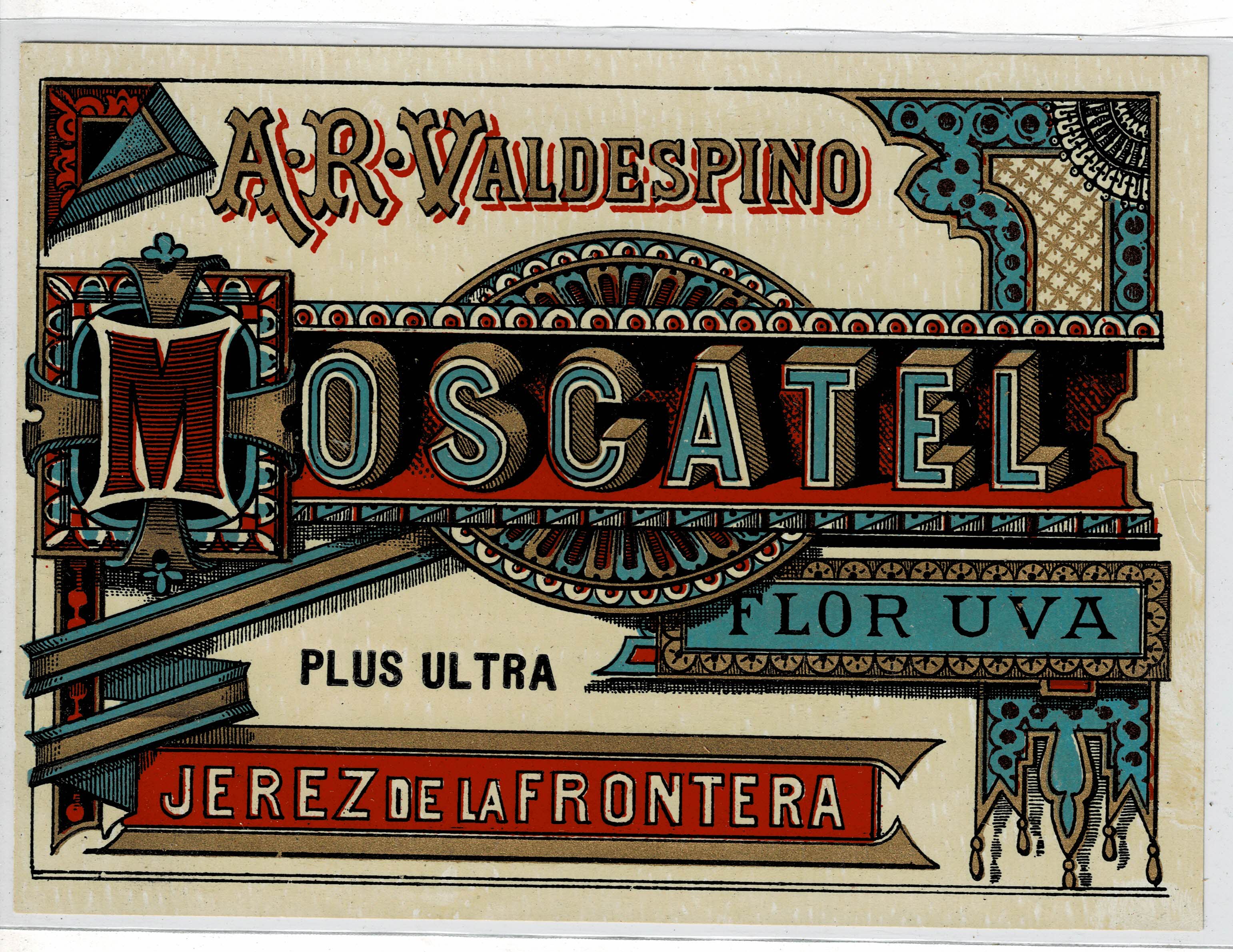 ETIQUETA VINO MOSCATEL FLOR UVA. A.R. VALDESPINO. JEREZ
