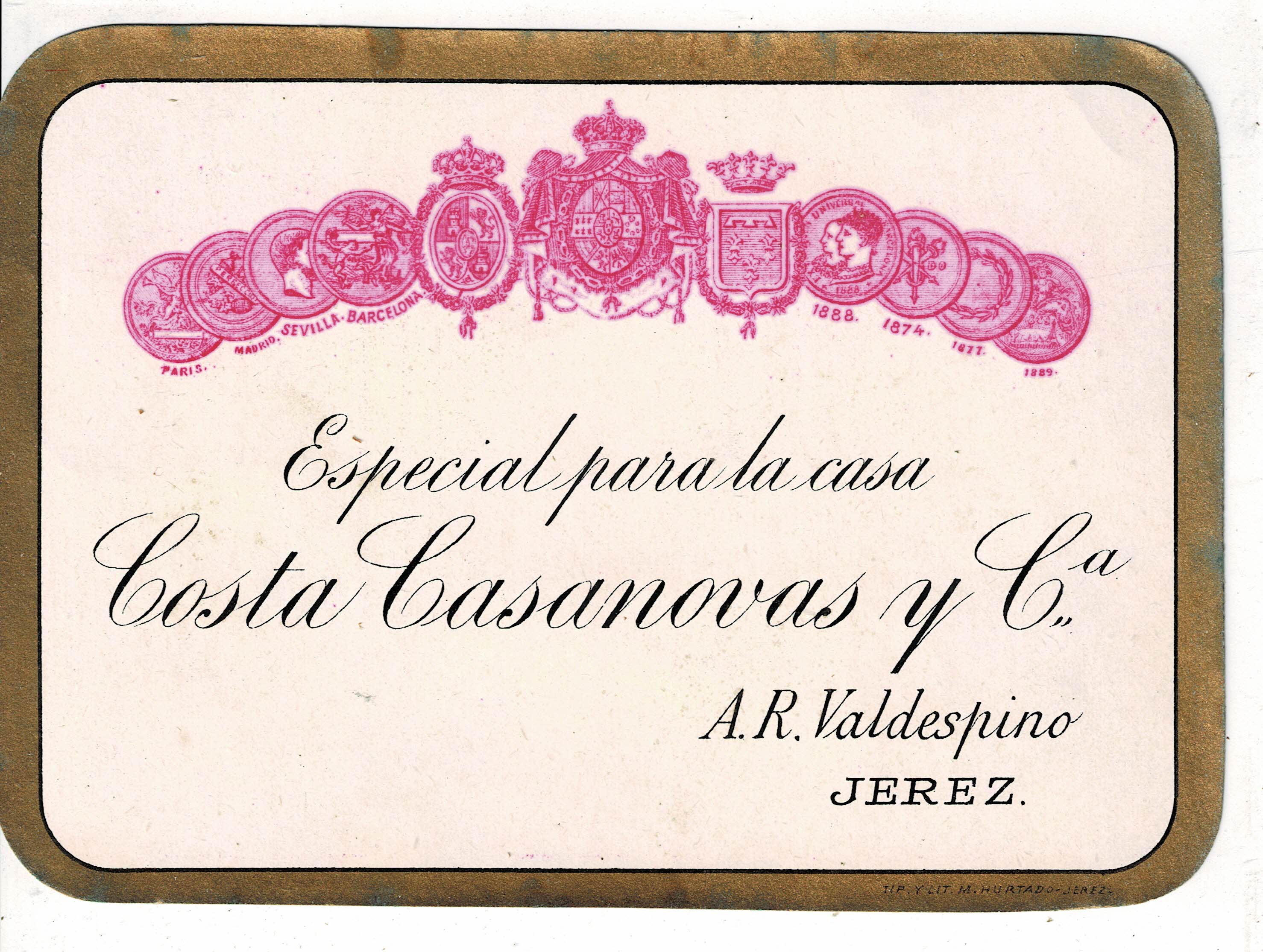 ETIQUETA VINO ESPECIAL PARA LA CASA. COSTA CASANOVAS Y Cª. A.R. VALDESPINO. JEREZ.