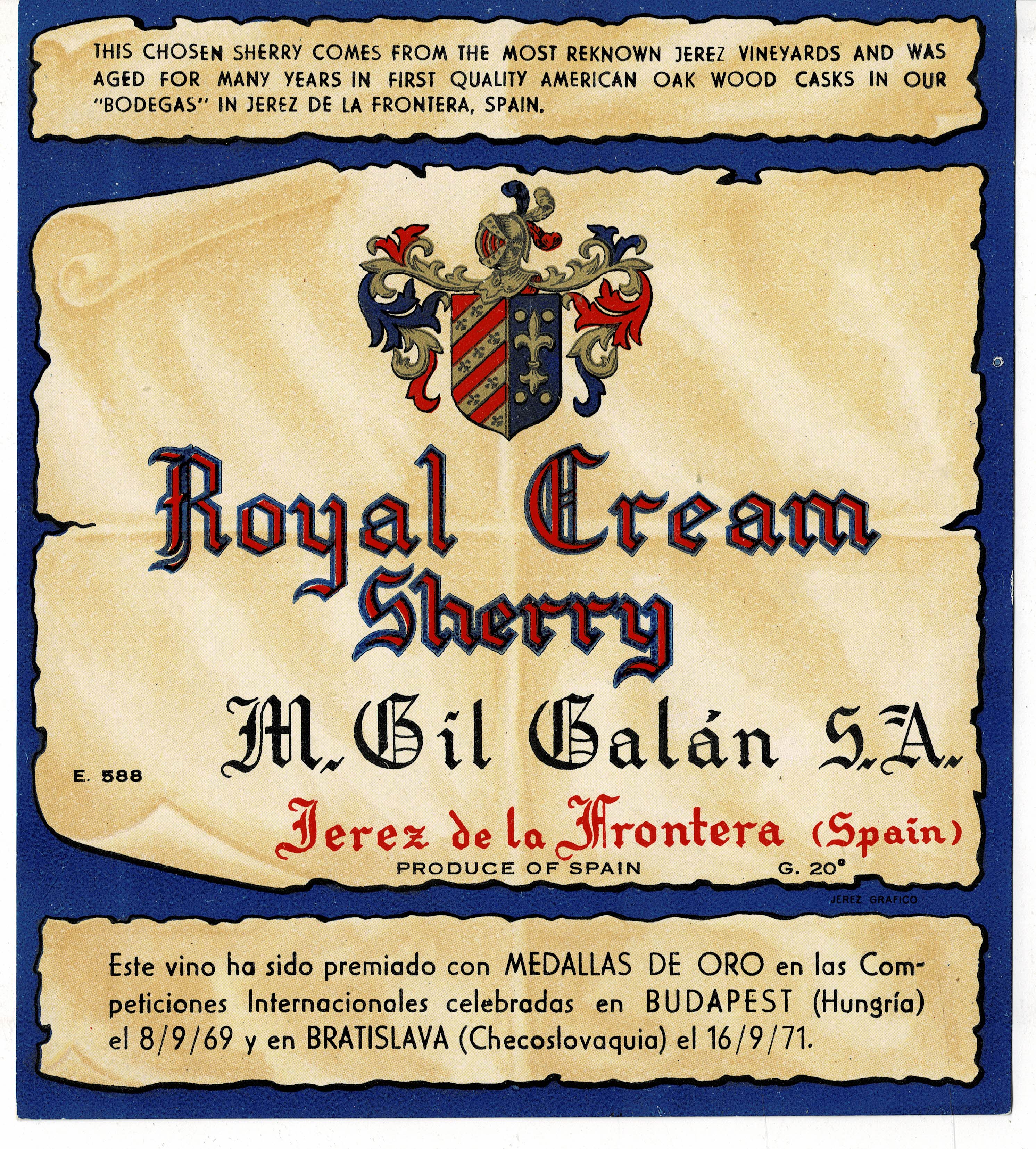 ETIQUETA VINO  ROYAL CREAM SHERRY. M. GIL GALAN S.A. JEREZ