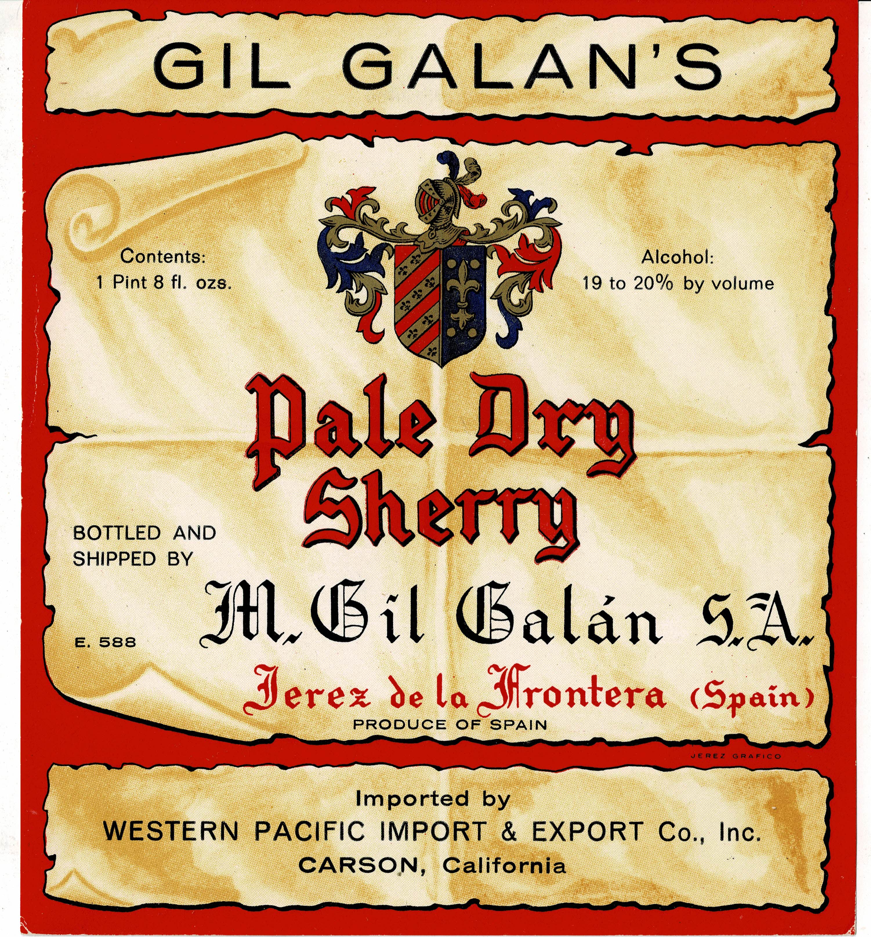 ETIQUETA VINO PALE DRY SHERRY. M. GIL GALAN S.A. JEREZ