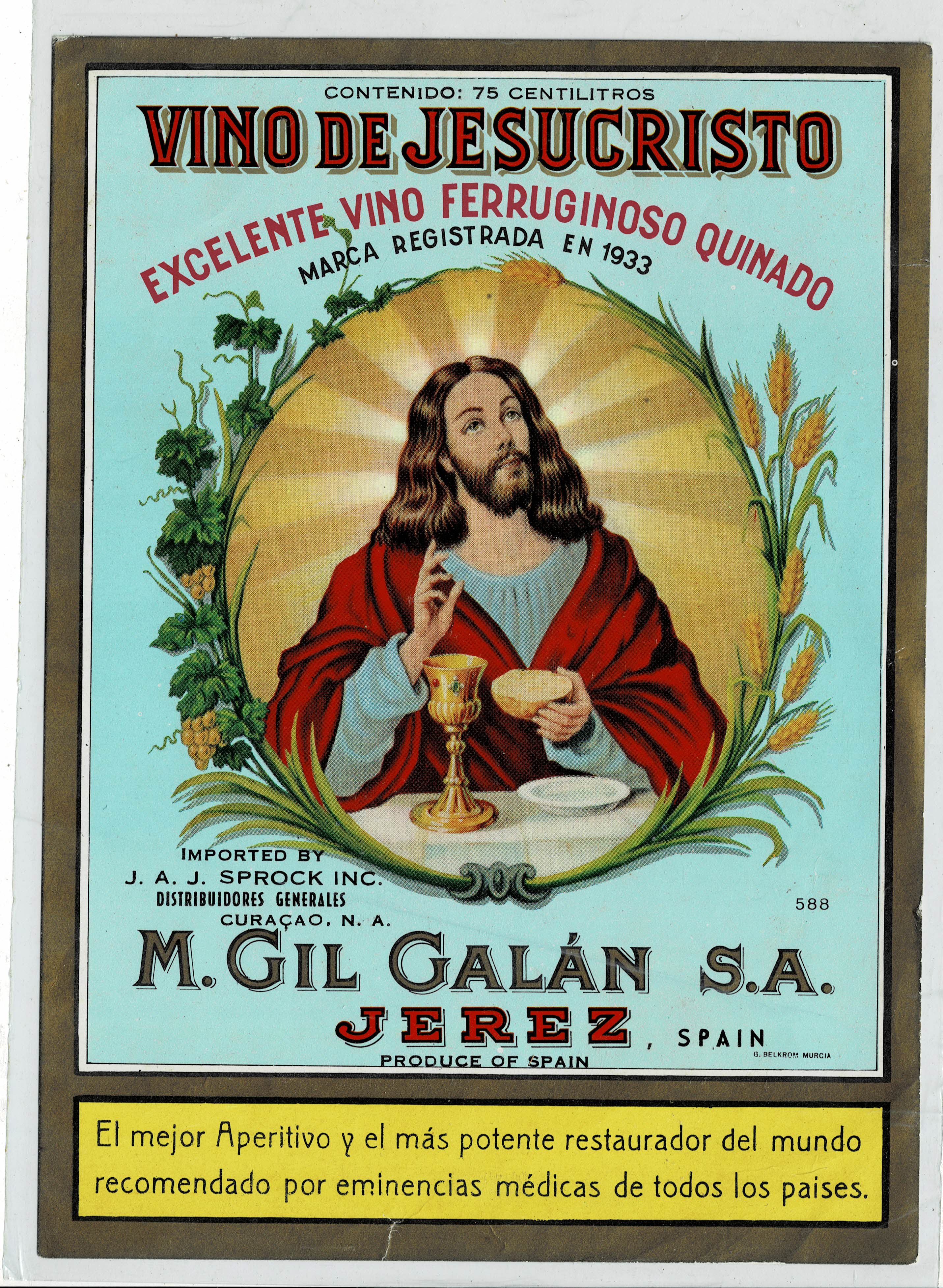 ETIQUETA VINO DE JESUCRISTO. M. GIL GALAN S.A. JEREZ.
