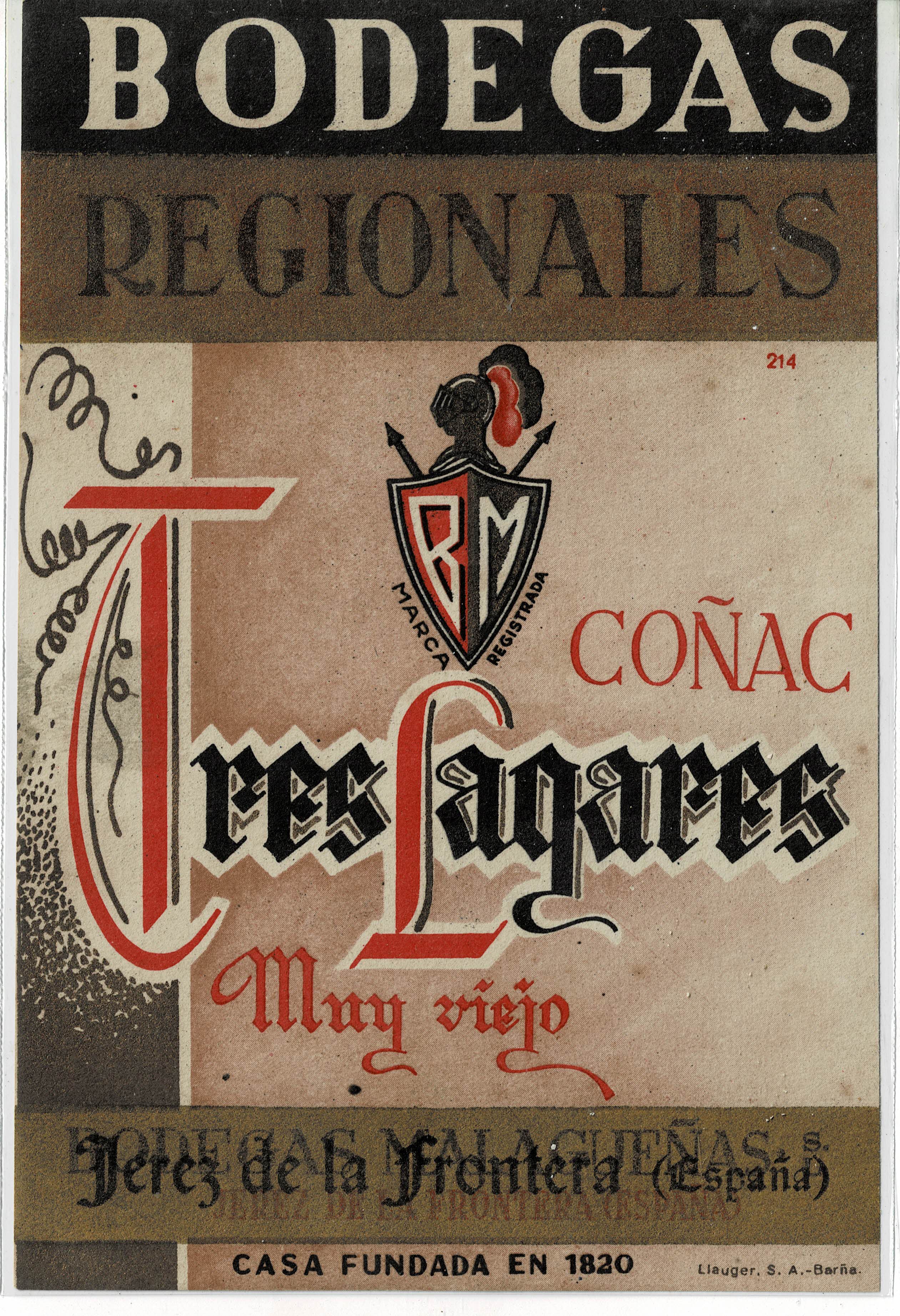 ETIQUETA COÑAC TRES LAGARES. MUY VIEJO.BODEGAS REGIONALES. JEREZ