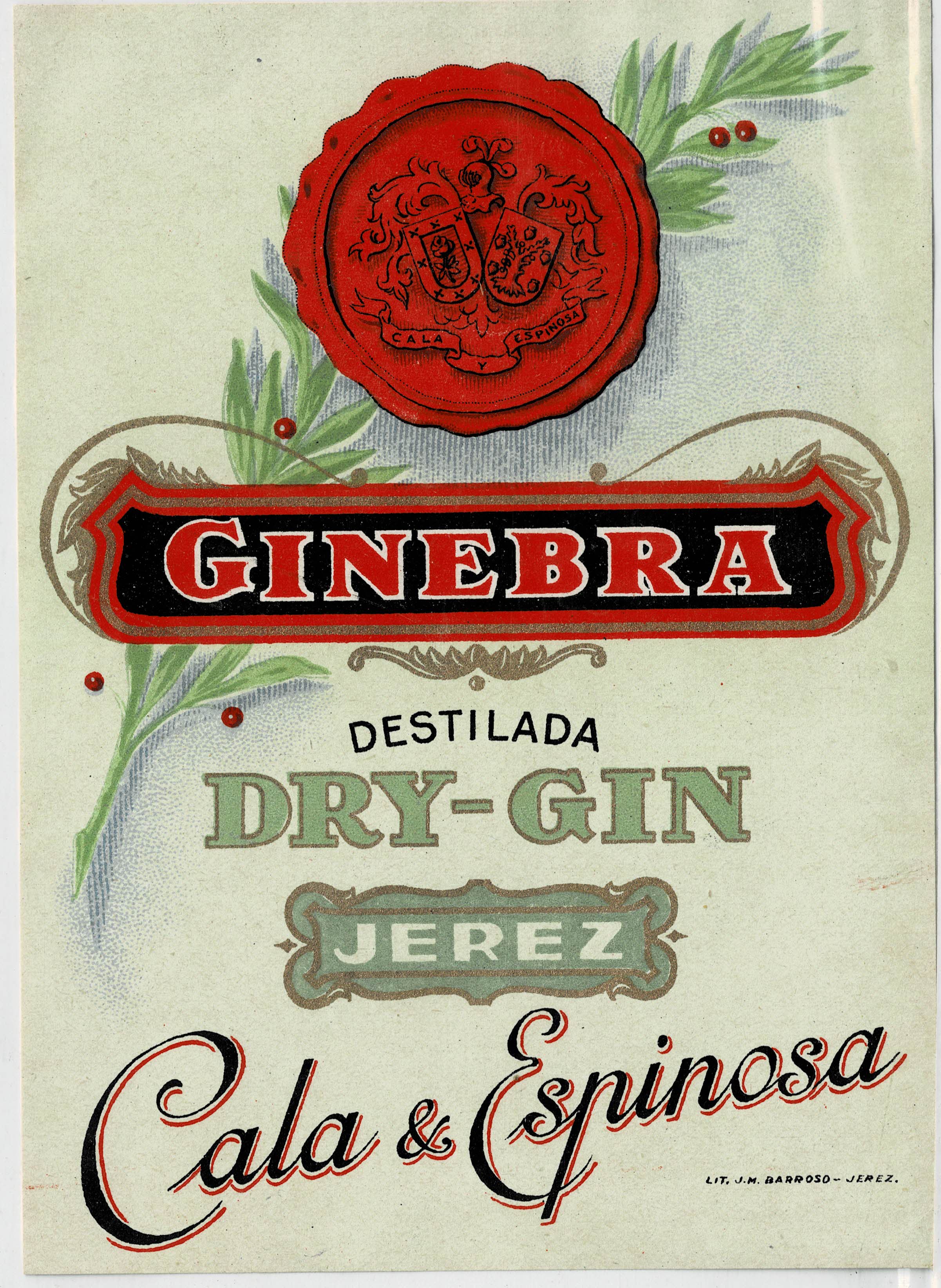ETIQUETA DE GINEBRA DRY-GIN. CALA & ESPINOSA. JEREZ