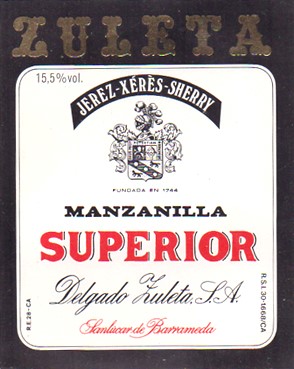 ETIQUETA DE VINO ZULETA, MANZANILLA SUPERIOR - SANLUCAR DE BARRAMEDA.