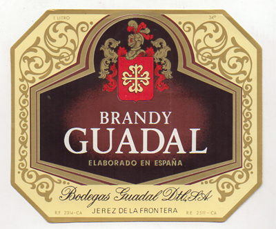 ETIQUETA DE BRANDY GUADAL. BODEGAS GUADAL. JEREZ DE LA FRONTERA.