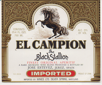 ETIQUETA DE VINO EL CAMPION THE BLACK STALLION. JOSE ESTEVEZ, JEREZ IMPORTED.