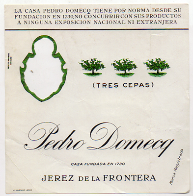 ETIQUETA DE VINO TRES CEPAS. PEDRO DOMECQ. JEREZ DE LA FRONTERA.