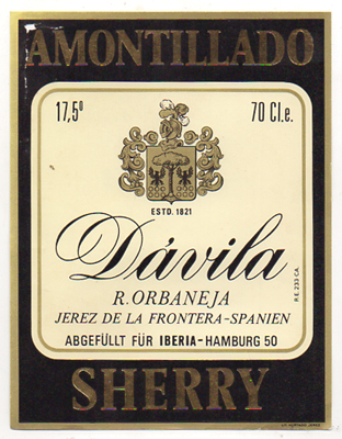 ETIQUETA DE VINO AMONTILLADO DAVILA, R. ORBANEJA. JEREZ DE LA FRONTERA.