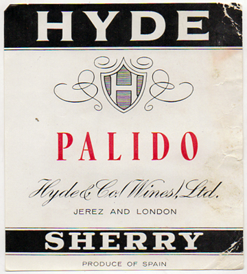 ETIQUETA DE VINO HYDE. PALIDO - HYDE CO. WINES LTD. JEREZ AND LONDON. SHERRY.