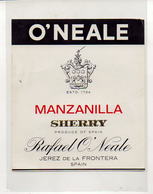 ETIQUETA DE VINO O,NEALE - MANZANILLA SHERRY. RAFAEL O'NEALE. JEREZ.