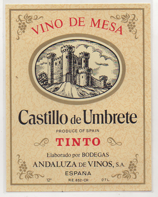 ETIQUETA DE VINO DE MESA CASTILLO DE UMBRETE - TINTO. BODEGAS ANDALUZA DE VINOS, S.A.