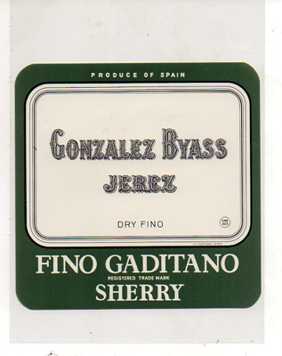 ETIQUETA DE VINO FINO GADITANO - SHERRY. GONZALEZ BYASS, JEREZ. DRY FINO.