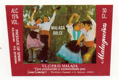 ETIQUETA DE VINO MALAGA DULCE MALAGUEÑAS - V.L.C.P.R.D. MALAGA, GARCIA GOMARA, S.A.