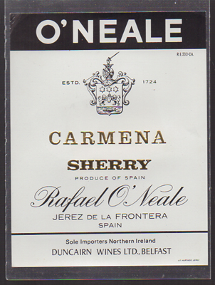 ETIQUETA DE VINO CARMENA SHERRY - RAFAEL O'NEALE, JEREZ DE LA FRONTERA.