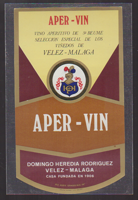 ETIQUETA DE VINO APER - VIN, VELEZ - (MALAGA ) DOMINGO HEREDIA RODRIGUEZ.