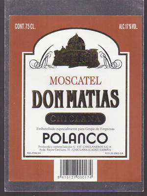 ETIQUETA DE VINO MOSCATEL DON MATIAS - CHICLANA. EMBOTELLADO PARA EMPRESA POLANCO,