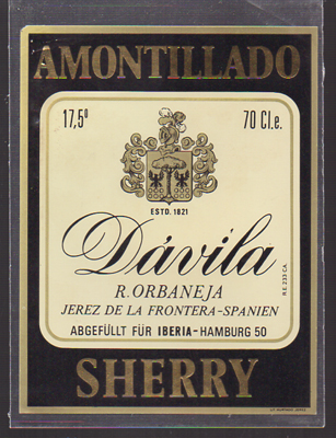 ETIQUETA DE VINO AMONTILLADO DAVILA, R, ORBANEJA, JEREZ DE LA FRONTERA - SHERRY.