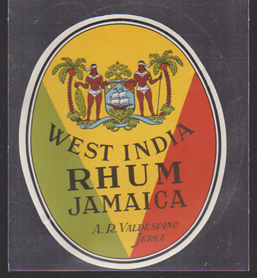 ETIQUETA DE WEST INDIA RHUM JAMAICA - A.R. VALDESPINO, JEREZ.