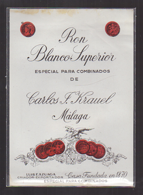 ETIQUETA DE RON BLANCO SUPERIOR ESPECIAL COMBINADOS DE CARLOS J. KRAUEL - MALAGA