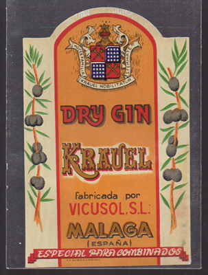 ETIQUETA DE DRY-GIN KRAUEL (ESPECIAL COMBINADOS) FABRICADA POR VICUSOL  - MALAGA.