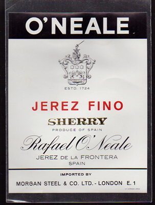 ETIQUETA DE VINO JEREZ FINO - RAFAEL O'NEAL - JEREZ DE LA FRONTERA - SHERRY.