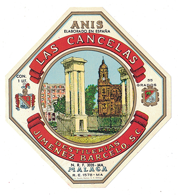 ETIQUETA DE ANIS LAS CANCELAS, DESTILERIAS JIMENEZ BARCELO, S.C. - MALAGA.
