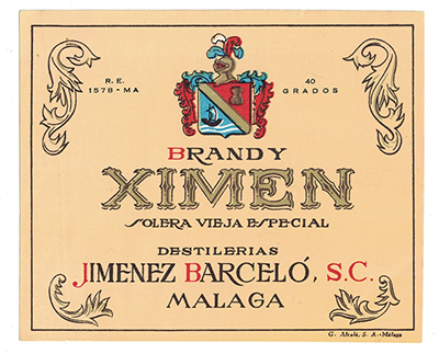 ETIQUETA DE BRANDY XIMEN - DESTILERIAS JIMENEZ BARCELO, S.C. - MALAGA.