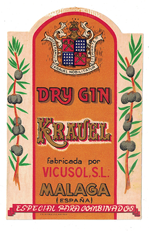 ETIQUETA DRY GIN KRAUEL, FABRICADA POR VICUSOL, S.L. - MALAGA.