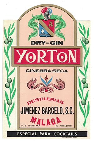 ETIQUETA DRY GIN YORTON GINEBRA SECA, DESTILERIAS JIMENEZ BARCELO, S.C. - MALAGA.