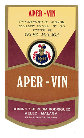 ETIQUETA DE VINO APERITIVO APER - VIN  - DOMINGO HEREDIA RODRIGUEZ. VELEZ - MALAGA.