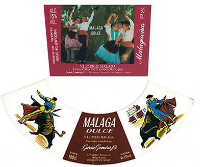 ETIQUETA DE VINO MALAGA DULCE GARCIA GOMARA MALAGUEÑAS - MALAGA. 2 PARTES.