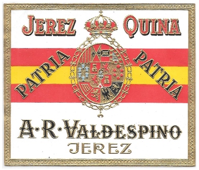 ETIQUETA DE VINO A.R. VALDESPINO, JEREZ. DON AUGUSTO B. LEGUIA PRESIDENTE DE LA REPUBLICA DE PERU