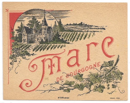 ETIQUETA DE VINO MARC DE BOURGOGNE, Nº 923 DEPOSE, PARIS