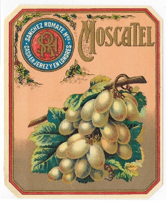 ETIQUETA DE VINO MOSCATEL SANCHEZ-ROMATE HNOS. CASA EN JEREZ Y EN LONDRES
