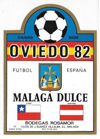 ETIQUETA DE VINO MALAGA DULCE BODEGAS ROSAMOR OVIEDO 82 FUTBOL ESPAÑA