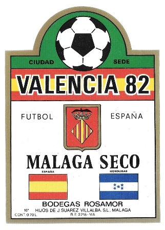 ETIQUETA DE VINO MALAGA SECO BODEGAS ROSAMOR VALENCIA 82 FUTBOL ESPAÑA